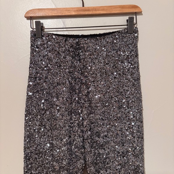 Zara Womens Dark Silver Sequin Flare Stretch Pants Sparkly Glitter Party SZ S - Picture 4 of 16